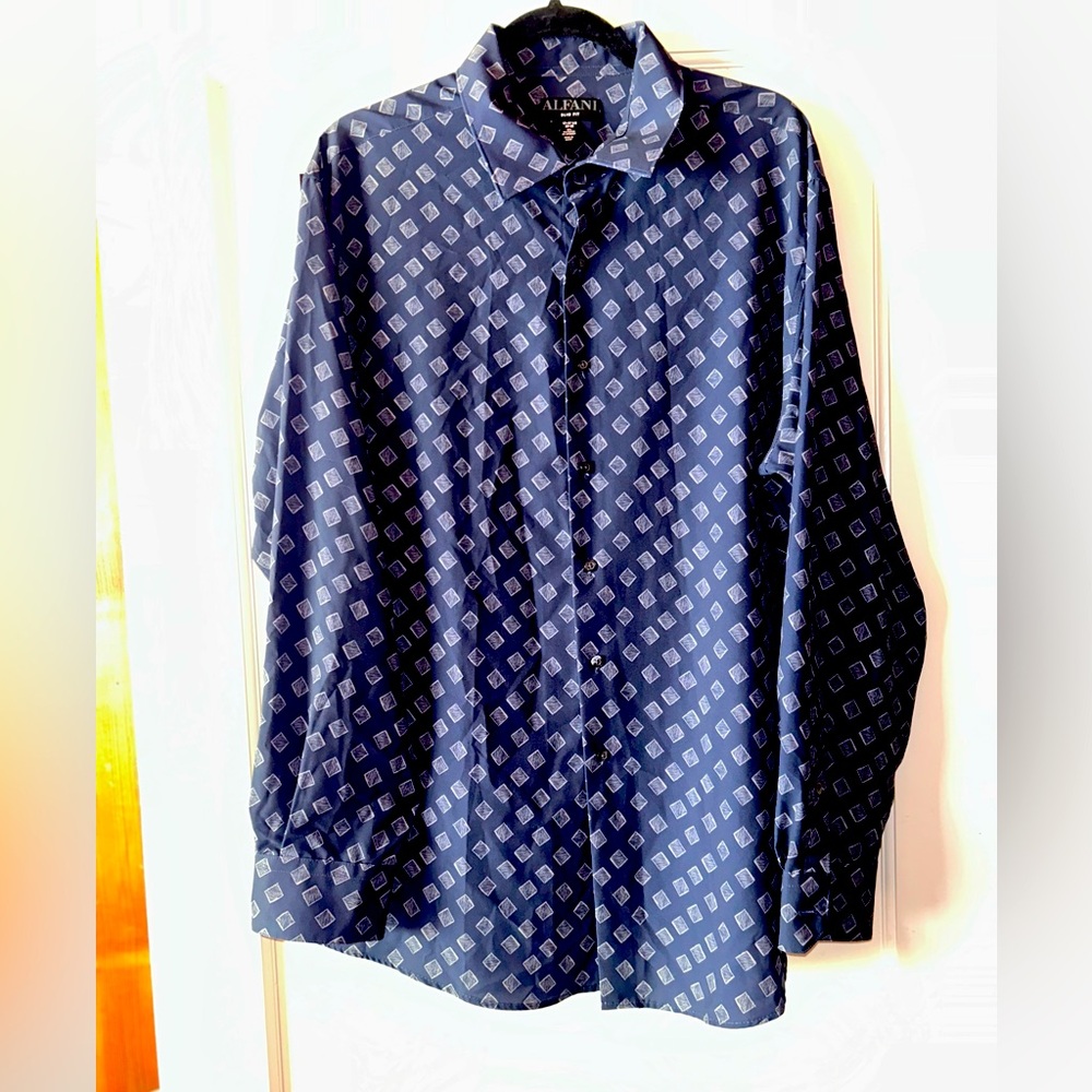 ALFANI Men's Navy & Gray Square Slim Fit Long Sleeve Button Front Shirt Sz XL